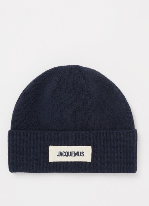 Jacquemus Le Bonnet fijngebreide muts van wol met logo - voorkant donkerblauw