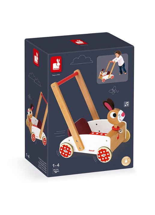 Janod Crazy Rabbit loopwagen - voorkant lichtbruin