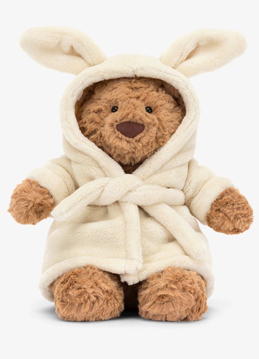 Jellycat Bartholomew Bear Bathrobe Outfit knuffel 26 cm - voorkant 3 donkerbeige