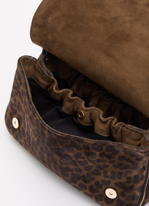 Jérôme Dreyfuss Bobi crossbodytas van kalfssuède met panterprint - detail donkerkhaki