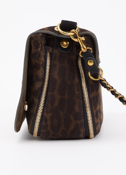 Jérôme Dreyfuss Bobi crossbodytas van kalfssuède met panterprint - detail 2 donkerkhaki