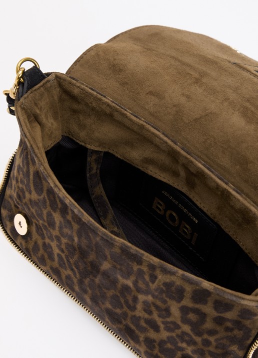 Jérôme Dreyfuss Bobi S crossbodytas van kalfssuède met panterprint - detail 2 donkerkhaki