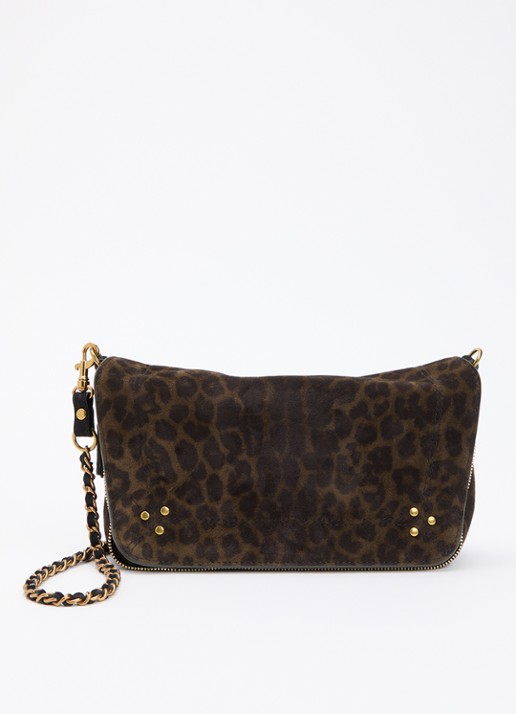 Jérôme Dreyfuss Bobi S crossbodytas van kalfssuède met panterprint - voorkant 6 donkerkhaki