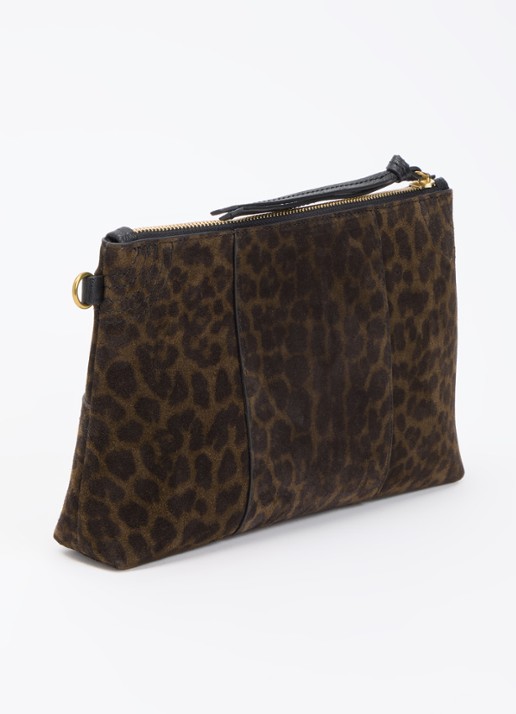 Jérôme Dreyfuss Lucky clutch van kalfssuède met panterprint - achterkant donkerkhaki