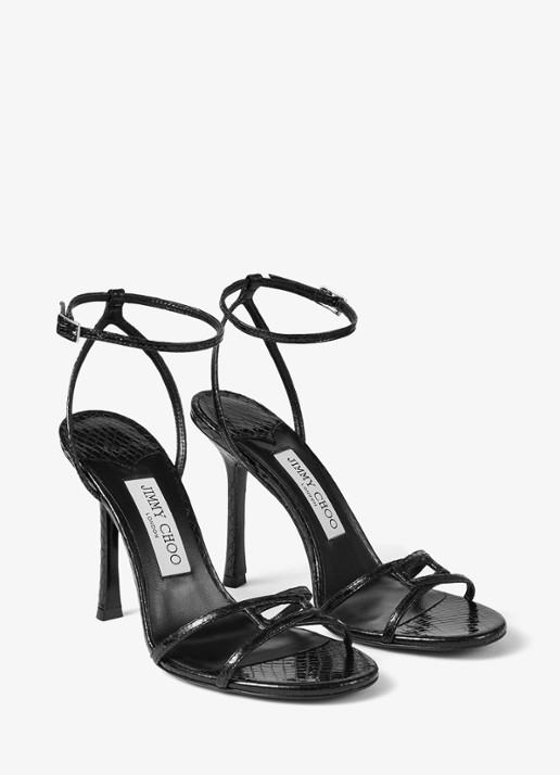 Jimmy Choo 1998 Leo 100 sandalette van geitenleer met slangenstructuur - voorkant 3 zwart