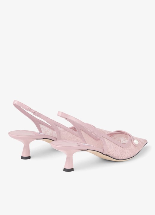 Jimmy Choo Amita 45 slingback van kant met leren details - achterkant 5 roze