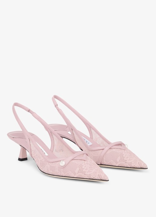 Jimmy Choo Amita 45 slingback van kant met leren details - voorkant 2 roze