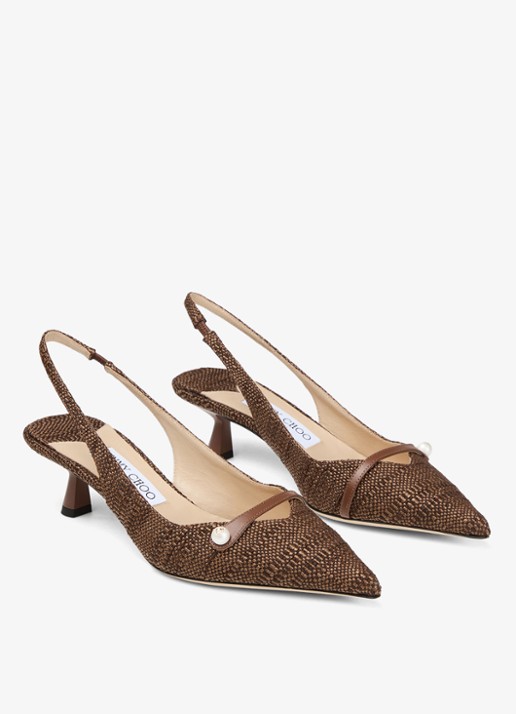 Jimmy Choo Amita 45 slingback van raffia met leren details - voorkant 5 bruin