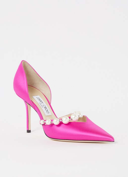 Jimmy Choo Aurelie pump van satijn met kristal - voorkant fuchsia