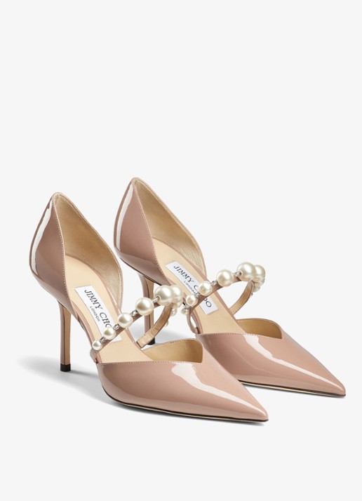 Jimmy Choo Aurelie sandalette van lakleer met kristal - voorkant 2 donkerbeige