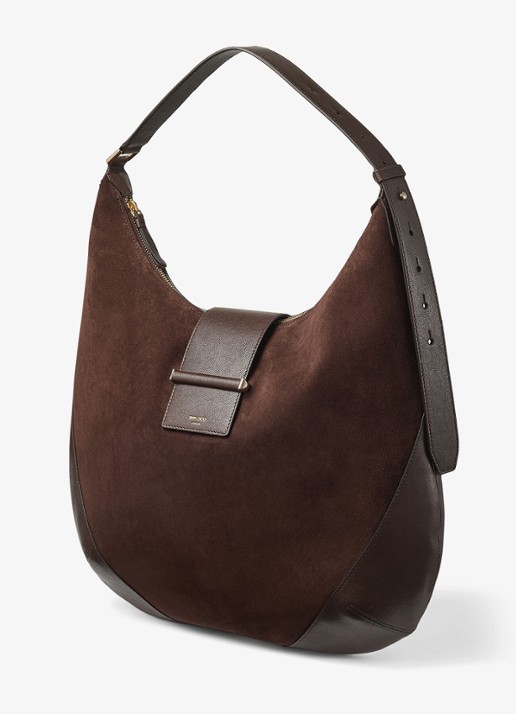 Jimmy Choo Bar Hobo/M schoudertas van suède - voorkant 3 donkerbruin