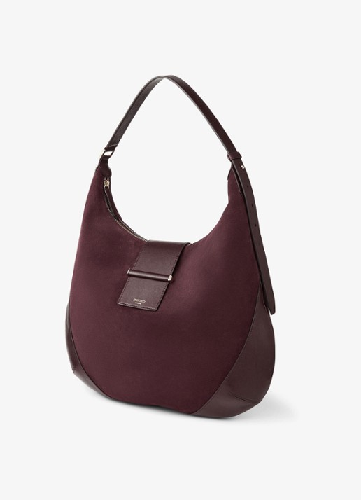 Jimmy Choo Bar Hobo/M schoudertas van suède - detail 4 bordeauxrood