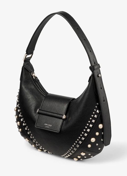 Jimmy Choo Bar Hobo/S schoudertas van schapenleer met studs - voorkant 3 zwart