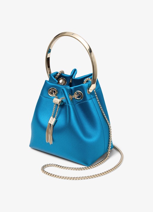 Jimmy Choo Bon Bon handtas van satijn - voorkant 2 lagoon / blauw