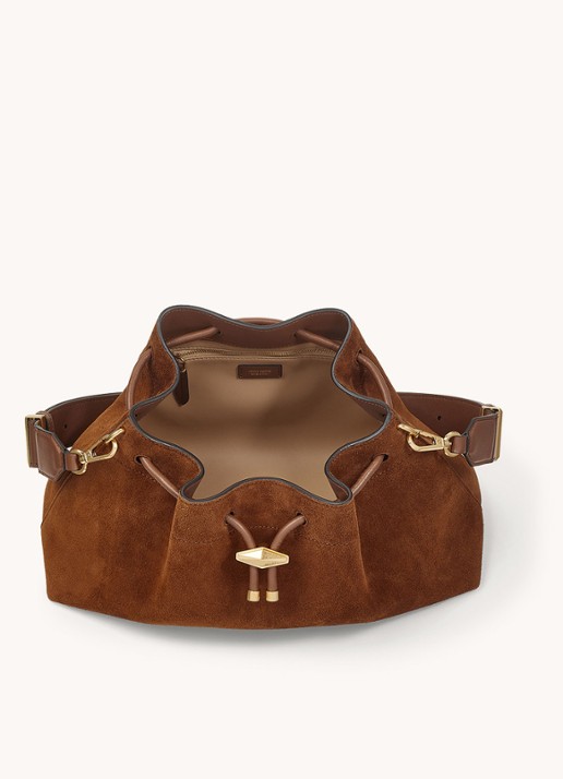 Jimmy Choo Cinch M schoudertas van kalfssuède - detail cognac
