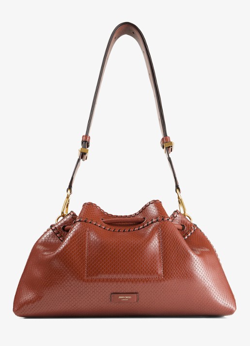 Jimmy Choo Cinch M schoudertas van leer met slangenstructuur - achterkant 3 cognac