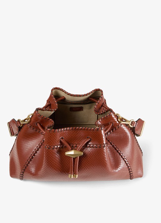 Jimmy Choo Cinch M schoudertas van leer met slangenstructuur - detail cognac