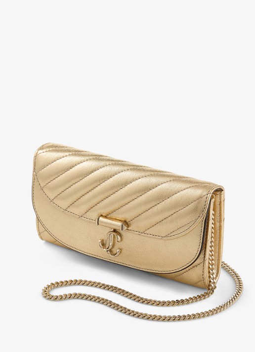 Jimmy Choo Curve clutch van lamsleer met metallic finish en afneembare schouderriem - voorkant 5 goud