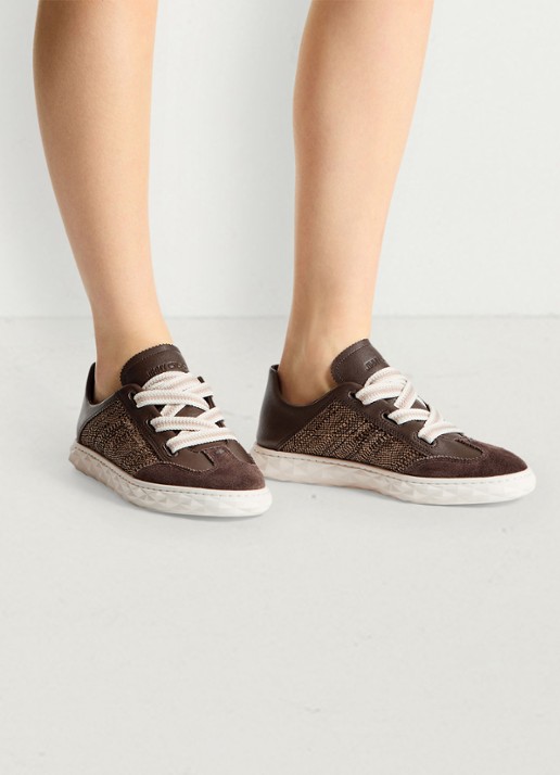 Jimmy Choo Diamond Light Flex/F sneaker van leer met raffia details - voorkant 3 donkerbruin