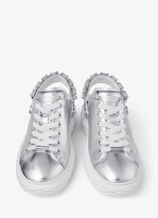 Jimmy Choo Diamond Maxi/Crystal sneaker van schapenleer met metallic finish - detail zilver