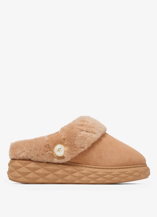 Jimmy Choo Diamond Maxi Mule/F instapper van lamssuède - voorkant lichtbruin