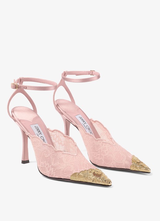 Jimmy Choo Faiz 100 sandalette van lamsleer met kant - voorkant 2 roze