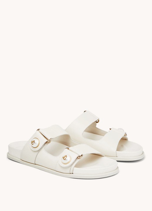 Jimmy Choo Fayence slipper van kalfsleer met parels - voorkant 2 gebroken wit