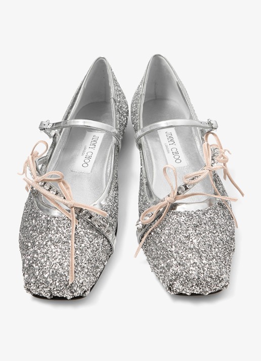 Jimmy Choo Loli ballerina met leren details en glitter - detail zilver