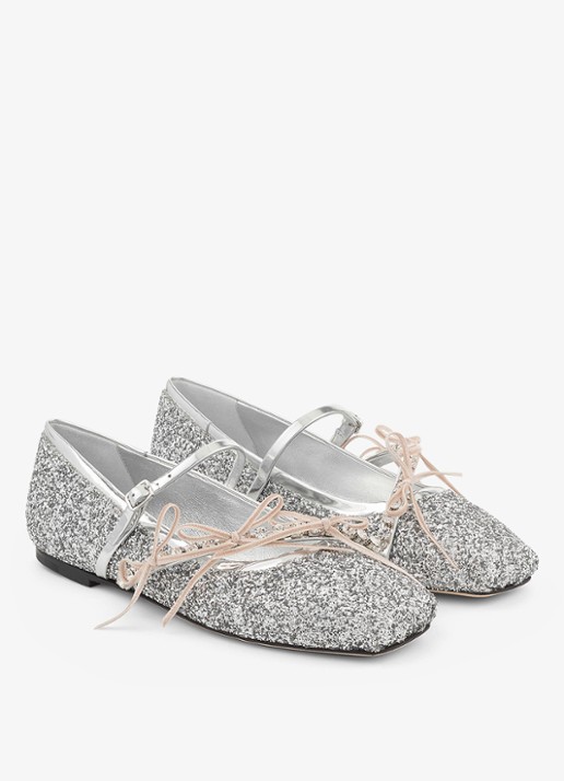 Jimmy Choo Loli ballerina met leren details en glitter - voorkant 4 zilver