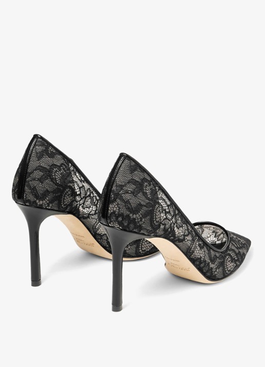Jimmy Choo Romy 85 pump van kant met leren details - achterkant 3 zwart