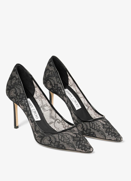Jimmy Choo Romy 85 pump van kant met leren details - voorkant 2 zwart