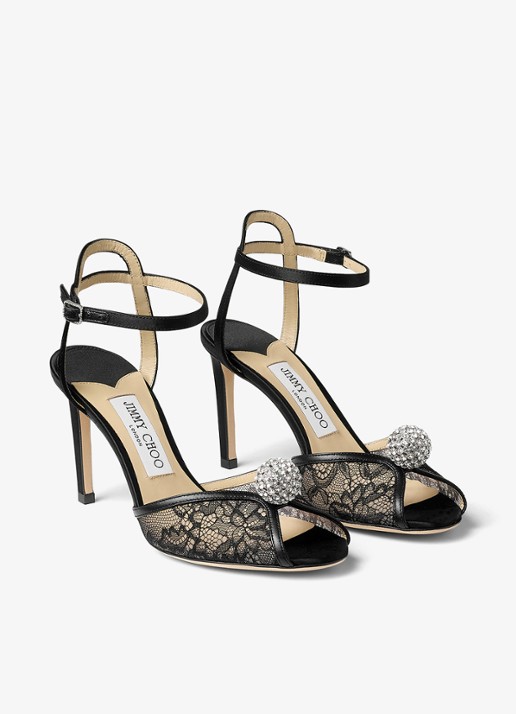 Jimmy Choo Sacora 85 sandalette van kant met leren details - voorkant 5 zwart
