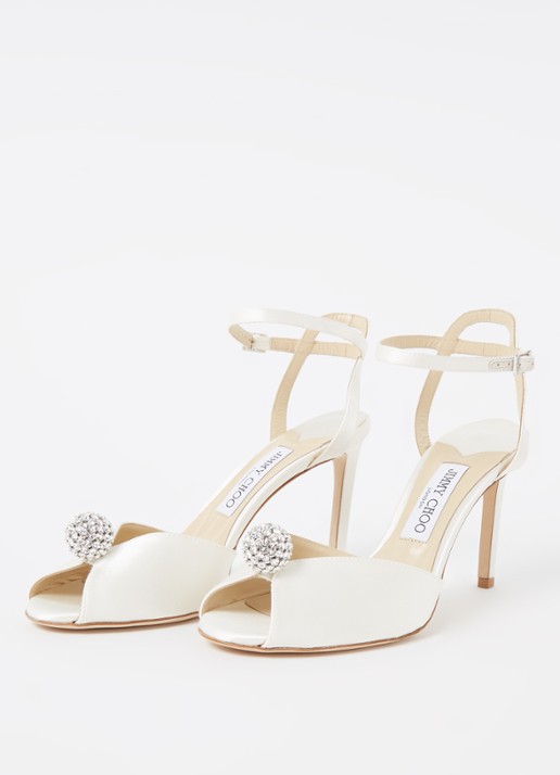 Jimmy Choo Sacora sandalette van satijn met strass detail - detail 2 ivoor