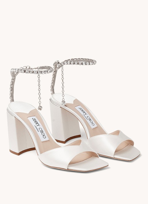 Jimmy Choo Saeda 85 sandalette van satijn met strass - voorkant 5 ivoor