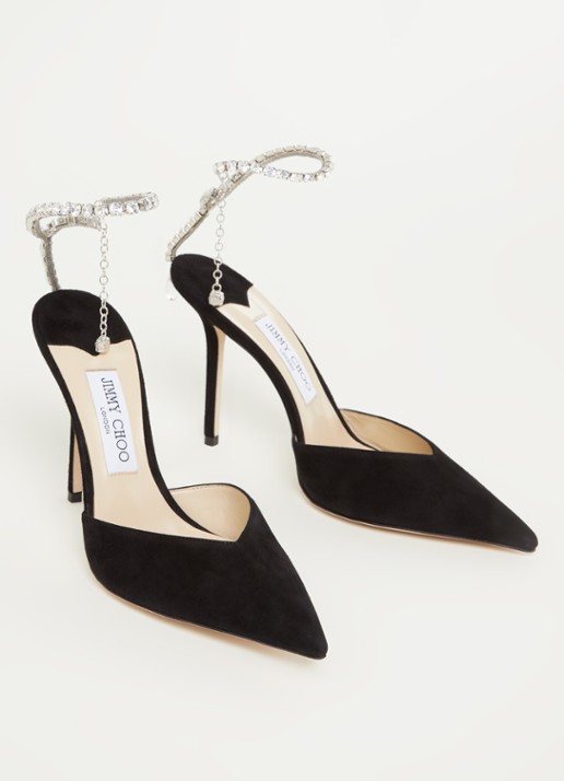 Jimmy Choo Saeda pump van suède met kristal - detail zwart