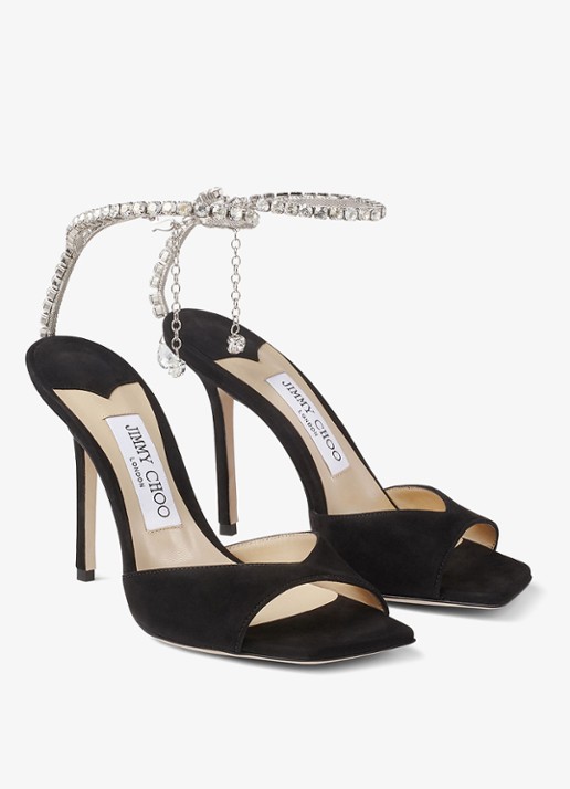Jimmy Choo SAEDA SANDAL 100 SUEDE W/CRYST - detail zwart