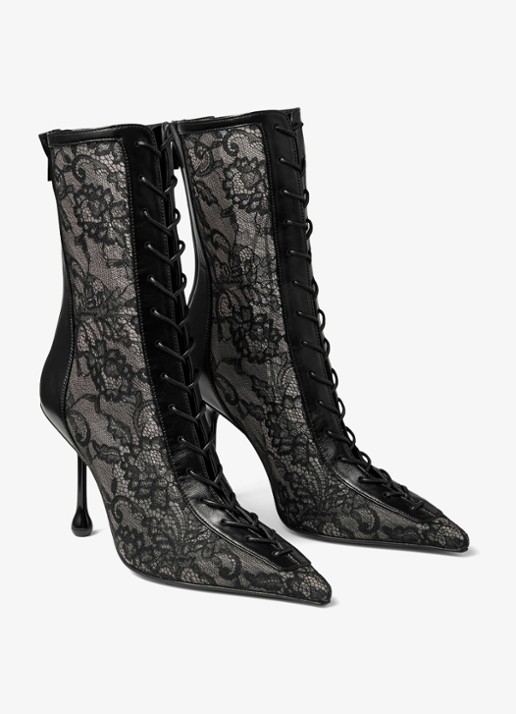 Jimmy Choo Scarlett 95 enkellaarsje van kant met lamsleren details - voorkant 4 zwart