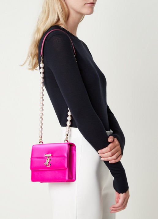 Jimmy Choo Varenne Quad XS schoudertas van satijn - voorkant 3 fuchsia
