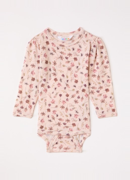 Joha Romper van merino wol met bloemenprint - voorkant 3 zalmroze