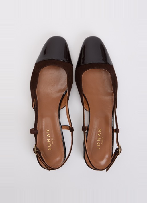 Jonak Dhapou slingback van kalfssuède met lakleren details - detail 2 donkerbruin