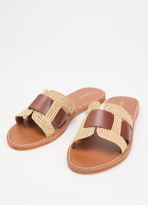 Jonak Wilou slipper van leer met raffia details - detail 3 camel