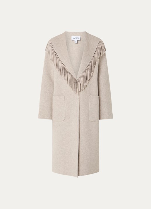 Joseph Ribkoff Mantel in wolblend met franjes - voorkant 3 beige