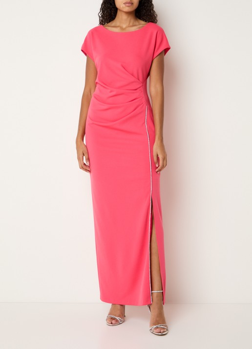 Joseph Ribkoff Maxi jurk met plooidetail en strass - detail 4 koraalroze