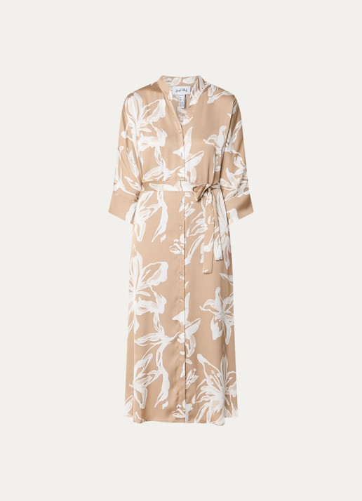 Joseph Ribkoff Midi blousejurk van satijn met bloemenprint - voorkant beige