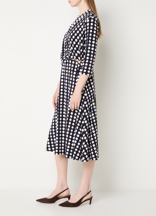 Joseph Ribkoff Midi jurk met print en kettingdetail - voorkant 3 hazelnootbruin