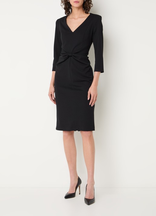 Joseph Ribkoff Midi jurk met schoudervulling en strikdetail - voorkant 3 zwart