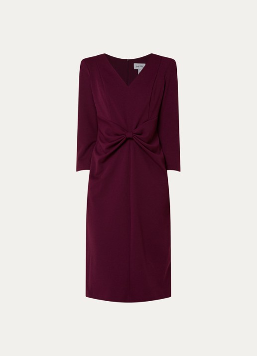 Joseph Ribkoff Midi jurk met schoudervulling en strikdetail - voorkant 2 aubergine
