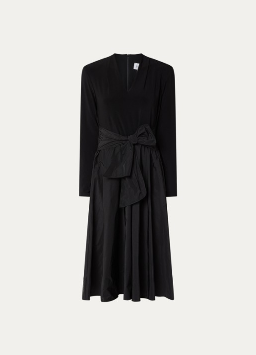 Joseph Ribkoff Midi jurk met strikceintuur en V-hals - voorkant zwart