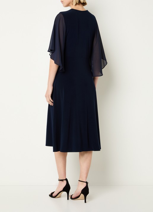 Joseph Ribkoff Midi jurk met V-hals en plooidetail - achterkant 3 donkerblauw