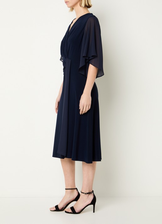 Joseph Ribkoff Midi jurk met V-hals en plooidetail - voorkant 2 donkerblauw
